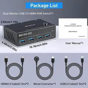 2 Ports Dual Monitor HDMI KVM Switch 2 in 2 Out, 4K @60Hz KVM Switch HDMI Extended Display 2 Computers 2 Monitors and 4 USB 3.0 Ports with Simulation EDID, Wired Controller, HD-MI 2.0+USB 3.0 Cables