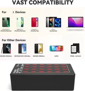 USB Charging Station, 24 Port 100W (20A) Multiport USB Charger Station with Intelligent Detection for Smartphones,Tablets and More, Suitable for School Hotel Mall Shop Travel
