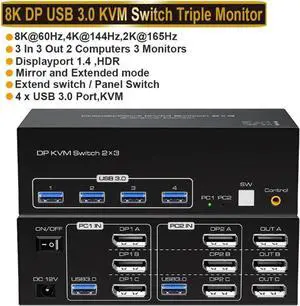 8K Displayport USB 3.0 KVM Switch 3 Monitors 2 Computers, DP1.4 Triple Monitor Displayport KVM Switch with 4 USB 3.0 Ports, 8K@60Hz 4K@144Hz DP KVM Triple Monitor Keyboard Mouse Switcher