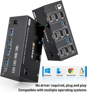 Triple Monitors KVM Switch HDMI 2 Displayport USB 3.0 KVM Switch 8K@60Hz, 4K@144Hz 3 Monitors 2 Computers KVM with 4 USB 3.0 Ports Included KVM Cables,HD-MI 8K@60Hz/4K@60Hz,DP 8K@30Hz/4K@144Hz