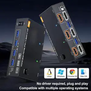 Dual Monitor Displayport + HDMI KVM Switch 2 in 2 Out, 2 Port 8K@60Hz 4K@144Hz HDMI+DP USB 3.0 KVM Switch Extended Display 2 Monitors 2 Computers with USB 3.0 Cables Wired Controller