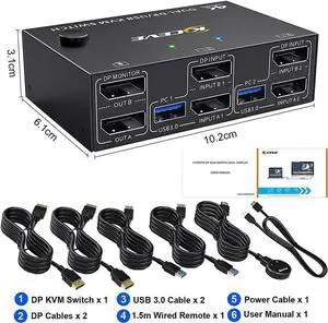 USB 3.0 DP KVM Switch for 2 PC 2 Monitors, 8K @30Hz 4K @144Hz Extended Display, 2 in 2 Out Dual Monitor Displayport 1.4 KVM Switch for 4 USB Devices Mouse Keyboard, with 2 USB3.0 and 2 DP Cables