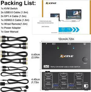 2 Displayport + HDMI 3 Monitor KVM Switch USB 3.0, 8K @60Hz 4K@144Hz Triple Monitor KVM Switch for 2 Computer Share 3 Monitor and 4 USB 3.0 Port Keyboard Mouse, Wired Remote and 5 Cables Included