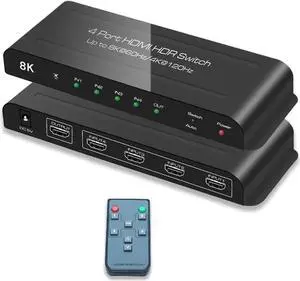 [Upgraded] HDMI 2.1 Switch 8K @60Hz 4K @120Hz 4 in 1 Out HDMI Auto Switcher with Remote Support 48Gbps, HDR10+, HDCP2.3, D-o-l-b-y Vision/ Atmos and CEC (with US Power Adapter)
