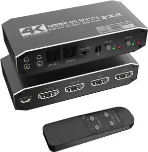 2x2 4K HDMI Switch, 2x2 HDMI Matrix Switcher, 4K 60Hz Video Switcher 2 in 2 Out Splitter Support Optical and 3.5mm Audio Output with IR Remote Controller Compatible with 3D, HDMI 2.0b, HDCP 2.2