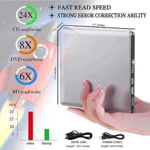 External Blu-ray DVD Drive, USB 3.0 and Type-C Blu-ray CD DVD Burner 3D Slim Optical Blu-ray Disc DVD Drive, DVD/BD Player Read/Write Portable Blu Ray Drive Compatible with/Win7/Win8/Win10/ Mac OS