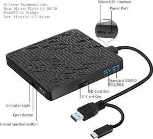 External Bluray Drive, 5 in 1 USB 3.0 & Type-C External CD/DVD Drive, External Blu Ray DVD Drive Burner with SD/TF Card Reader/2xUSB 3.0 Hubs for Laptop/Desktop PC Compatible with MacOS/Windows 10/8/7