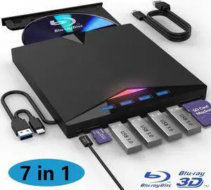 External Blu ray Drive, [7-in-1] External CD/DVD Drive, USB 3.0 Type-C 3D Blu RAL Drive, DVD/BD Player Read/Write Portable Blu-ray Drive for Laptop Windows MacBook Desktop PC
