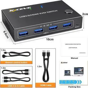2 Port HDMI KVM Switch 2 in 1 Out, USB 3.0 HDMI KVM Switch 4K@60Hz 2K@144Hz Simulation EDID for 2 Computers Share 1 Monitor and Keyboard Mouse Printer with Remote and KVM Cables