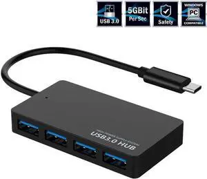 4-Port USB Hub, 4-in-1 Type-C Hubs Adapter with 4 USB 3.0 Ports for Portable 4 Ports Data Hub, Support Windows 7/8/10,Mac OS,Linux and More (Black)