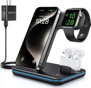 Wireless Charger 3 in 1, 15W Fast Charging Station for Apple Watch 9/8/Ultra 2/Ultra/SE/7/6/5/4/3/2, for 3/2/1/Pro/Pro 2, for iPhone 15/14/13 /Plus/Pro/Pro Max/12/11/X/Xr/XS/8 (Black)