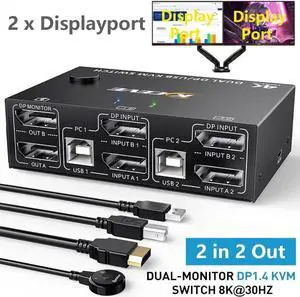 2 Port Displayport KVM Switch Dual Monitor, 8K@30Hz DisplayPort1.4 KVM Switch 2 in 2 Out, DP Extended Display KVM Switch for 2 Computers Share 2 Monitors and 4 USB 2.0 Ports, Wired Remote and 4 Cables