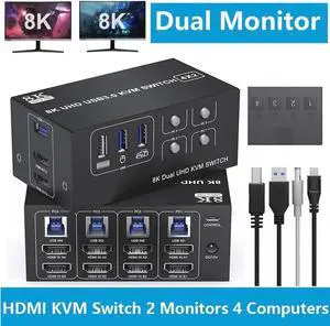 8K Dual Monitor KVM Switch 4 Computer 2 Monitors, HDMI KVM Switches with 3 USB 3.0 Ports, Remote and Power Adapter, Support Copy and Extend Mode, Compatible with Windows/Vista/XP/Mac OS/Linu