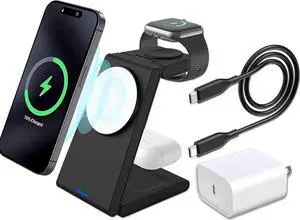 3-in-1 Foldable Charging Station for MagSafe, Travel Magnetic Charger Stand for iPhone 15 14 13 12 Pro Max, Fast Wireless Charging Dock for Apple Watch/AirPods(Black)