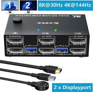 8K Displayport Dual Monitor KVM Switch, USB3.0 Displayport KVM Switch 2 Monitors 2 Computers 8K@30Hz 4K@144Hz,Displayport KVM Switch with 4 USB3.0 Ports,Wired Remote and USB Cables Included