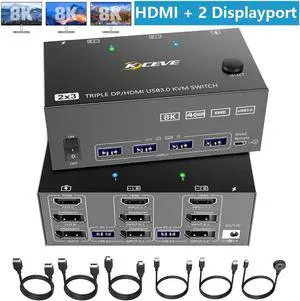 KVM Switch 3 Monitors 2 Computers,Triple Monitors KVM Switch 2 DisplayPort + HDMI 3 Ports 8K@60Hz 4K@144Hz Extended Display, KVM Switches with 4 USB 3.0 Ports for Keyboard, Mouse, U-Disk and Printer