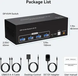 8K Displayport KVM Switch 3 Monitors 2 Computers 4K 120Hz Triple Monitor DP KVM Switches for 2 PC Share 4 USB 3.0 Ports Support Extended & Copy Display Mode Wired Controller & 12V Adapter Included