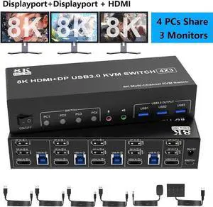 8K@60Hz KVM Switch 3 Monitors 4 Computers 4K@144Hz, 2 DisplayPort +1 HDMI KVM Switch Triple Monitor for 4 Computer with Audio and 3 USB 3.0 Ports, 3 Monitor KVM Switches Keyboard Mouse Switcher