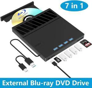 [7-in-1] External Blu-ray DVD Drive, BD Player with Read/Write Blu ray Drive Burner SD/TF Card Slots and 4 USB Ports DVD Burner Optical Drive 3D Bluray Drive for Laptop PC Desktop Windows 11 10 Mac OS