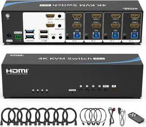 Real Seamless Switching USB 3.0 HDMI KVM Switch Dual Monitors 4 Computers 4K@30Hz, 4 Port Extended Display, 3.5mm Audio, EDID Emulators, Button, Hotkey, Remote Control, Mouse, RS232 Code Switching
