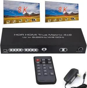 4x2 HDMI Matrix, UHD 8K @60Hz HDMI Matrix Switcher 4 in 2 Out 4K @120Hz HDR HDMI Splitter HDMI Scaler 8K 60Hz Sync, HDCP2.3 HDMI2.1 40 Gbps HDMI 2.1 Matrix 4x2 IR and Power Adapter