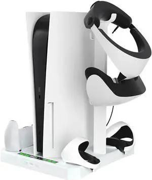 Fast Charging Stand for PSVR 2 & PS5 Console, [5 in 1] Stand with Cooling Fan, Dual Controller Magnetic Charging Port for PSVR 2 & PS5, Charging Indicator Light, Storage Stand Perfect for PSVR 2 & PS5