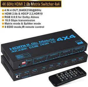 HDMI Matrix Switch 4x4, 4K HDMI Matrix Switcher Splitter 4 in 4 Out Box with EDID Extractor and IR Remote Control Support 4K HDR, HDMI 2.0b, HDCP 2.2, 4K@60Hz, 3D, YUV 4:4:4