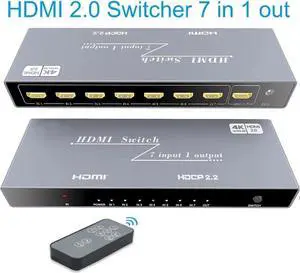 7x1 HDMI Switch 4K - HDMI Switch 7 in 1 Out, HDMI Switch with Remote Controller, HDMI 2.0 Support 4K @60Hz TV 3D Audio Video Sync Plug&Play for PS3/4/5 Xbox PC Laptop Projector Blu-ray Player