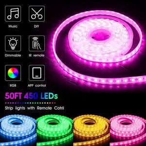 50ft/15M LED Strip Lights, HRDJ RGB LED Light Strip Music Sync RGB LED Strip,5050 SMD Color Changing LED Strip Light Bluetooth Controller + 24 Key Remote LED Lights for Bedroom Home Party