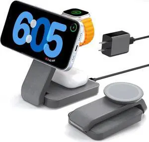 3 in 1 Foldable Wireless Charging Station for MagSafe, Travel Magnetic Charger Stand for iPhone 15 14 13 12 Pro Max, Fast Nightstand Charging Dock with Night Light for Apple Watch/