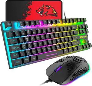 Gaming Keyboard and Mouse Combo,88 Keys Compact Rainbow Backlit Mechanical Feel Keyboard, RGB Backlit 6400 DPI Lightweight Gaming Mouse with Honeycomb Shell for Windows PC Gamers (Black)