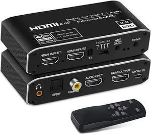 4K @60Hz eARC HDMI Swtich Audio Extractor, 2x1 HDMI Audio Converter with Remote Control, 7.1CH Atmos/ eARC/ARC/ Optical Toslink SPDIF/ Coaxial/ 3.5mm Audio Out, Supports HDCP2.3, HDMI2.0b