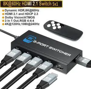 HDMI 2.1 Switch 5X1, Ultra HD 8K HDMI Switch Box with Remote Supports 4K@120Hz, 8K@60Hz Auto CEC 3D HDCP2.3, 5 Port HDMI Switcher Compatible with PS5/4/3, Xbox,Fire Stick, TV,Projectors