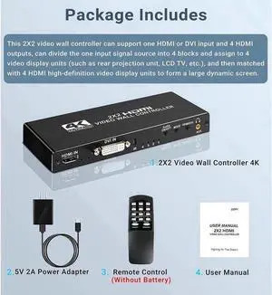 2x2 HDMI Video Wall Controller, 4Kx2K HD Seamless Splicing Professional Processor with HDMI+DVI+RS232 Input, 4 Way HDMI & SPDIF Output 180 Degree Rotate TV Wall Display 2x2, 1x2,1x3,1x4,2x1,3x1,4x1