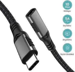 USB C Extension Cable, 6.6ft /2M-Braided USB C Extender Cable, USB C to USB C Male to Female Cord USB 3.1 Gen 2 Sync Transfer 10Gbps 100W/5A Fast Charging 4K Display Compatible with Laptop Smartphones