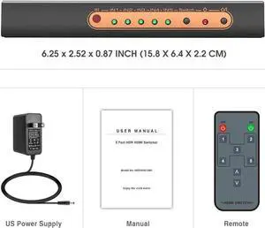 5 Port 4K HDMI Switch with Remote Premium 5 in 1 Out 4K @60Hz HDMI2.0 Switcher Selector, Support HDR 10, HDCP 2.2, Dolby Vision/ Atmos, Auto-Switch, 18Gbps, CEC, 1080P/3D