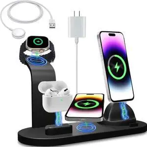 4 in 1 Wireless Charging Station for Smartwatches, Smartphones, Earbuds - 15W Fast Wireless Charger for Apple iPhone, iWatch, Airpod with Adapter & iWatch Charging Cable