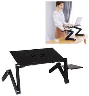 Portable 360 Degree Adjustable Foldable Aluminium Alloy Desk Stand with Double CPU Fans & Mouse Pad for Laptop / Notebook, Desk Size: 420mm x 260mm (Black)