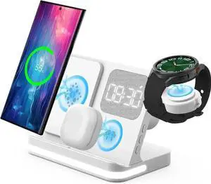 4 in 1 Wireless Charger with Alarm Clock Compatible for Galaxy Watch 7/Ultra/FE/6/5 Pro Galaxy S25/Ultra/S25+/S24/S23/Note 20/Z Flip 6/5 Fold 6/5 Galaxy Buds 3/2/Pro Multiple Devices Charging Station