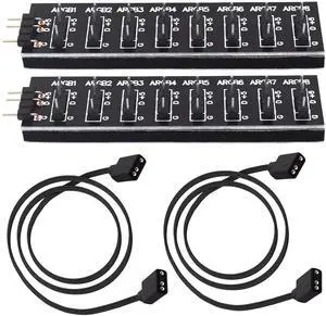 5V 3PIN ARGB Splitter Hub 1 to 8 Way RGB Fans Hub Controller with Extension Cord for Expansion Motherboard ARGB Interface Sync Fans Lights-2Pcs-35CM