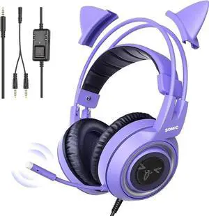 Cat Ear Headset, USB Gaming Headset with Retractable Mic, 7.1 Surround Sound, RGB Lighting, Wired Headset for PC, PS4, PS5 - Black Purple