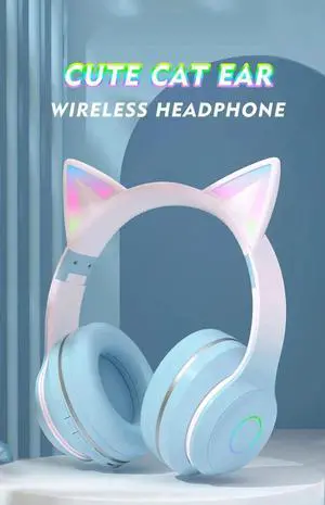 Gradient LED Glow Headphones with Cat Ear Design, Wireless B