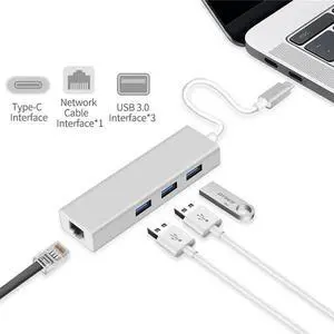 USB C to Ethernet, Type C to Gigabit Ethernet with 3 USB 3.0 Aluminum Adapter, 10/100/1000 Mbps Thunderbolt 3 Compatible, for PC Laptop Windows macOs USB Flash Drives etc, Gray