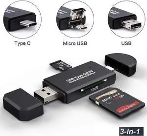 SD/Micro SD Card Reader, 3-in-1 USB2.0/Type-C/Micro-USB OTG Adapter Portable Memory Card Reader for SDXC, SDHC, SD, MMC, RS-MMC, Micro SDXC, Micro SD, Micro SDHC Card and UHS-I Cards (Black)
