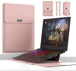 4 in 1 Universal Waterproof PU Leather Laptop Liner Bag with Handle & Stand & Pen Holder + 2 Winders + Mouse Bag + Charger Bag Set for 13 / 14 inch Laptops (Rose Gold)