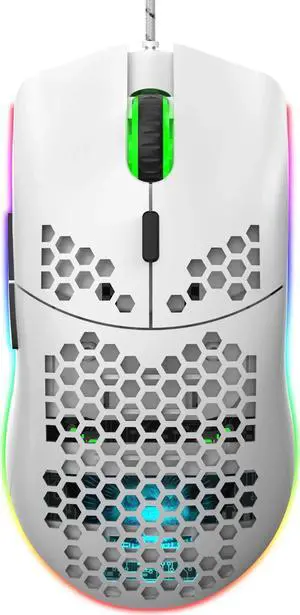 Programmable RGB Gaming Mouse, 6 DPI (1000/1600/2400/3200/4800/6400) 96g Ultra Lightweight Honeycomb Optical LED Wired Mouse with Programmable 6 Keys RGB Marquee Effect Light White
