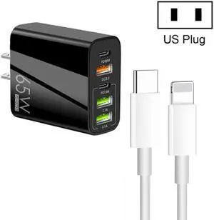 65W Dual PD Type-C + 3 x USB Multi Port Charger with 3A Type-C to 8 Pin Data Cable, US Plug