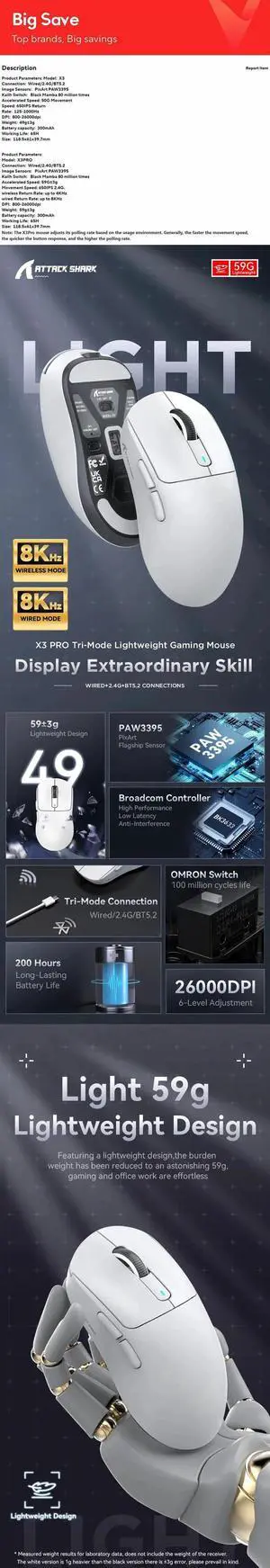 Attack Shark X3pro X3 Wireless Mouse, Macro Gaming Mouse,Lig