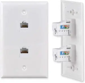 2-Port CAT 6 Ethernet Wall Plate, RJ45 Ethernet Punch Down Keystone Inserts Jack Network Wall Plate Panel - Cat6/5/5e Compatible (1-Pack)