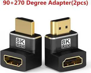 8K HDMI2.1 90 And 270 Degree Right Angle Adapter Gold Plated High Speed HDMI Male to Female Connector Adapter Support 8K@60Hz, 4K@120Hz for HDTV Switch Laptop PS4 PS5 Xbox, 2-Pack